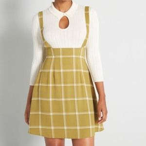 Modcloth Green Plaid Overall Winner Jumper Preppy Skirt Dress Women's Size XS